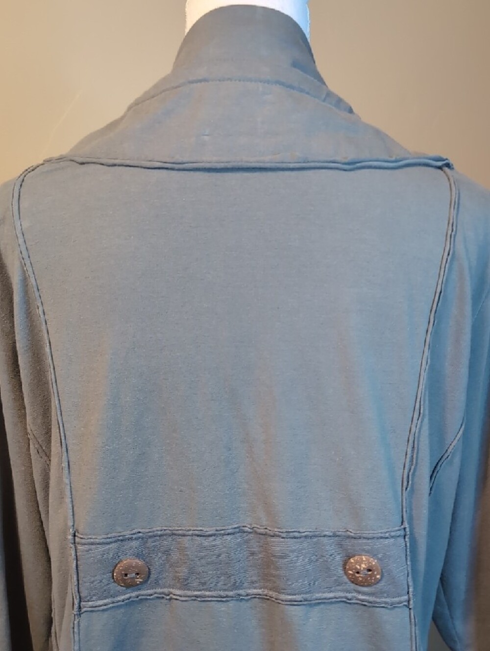 Neon Buddha Sage Green Gray Long Length Yoga Stretch Jacket Wooden Buttons XL - Picture 9 of 16